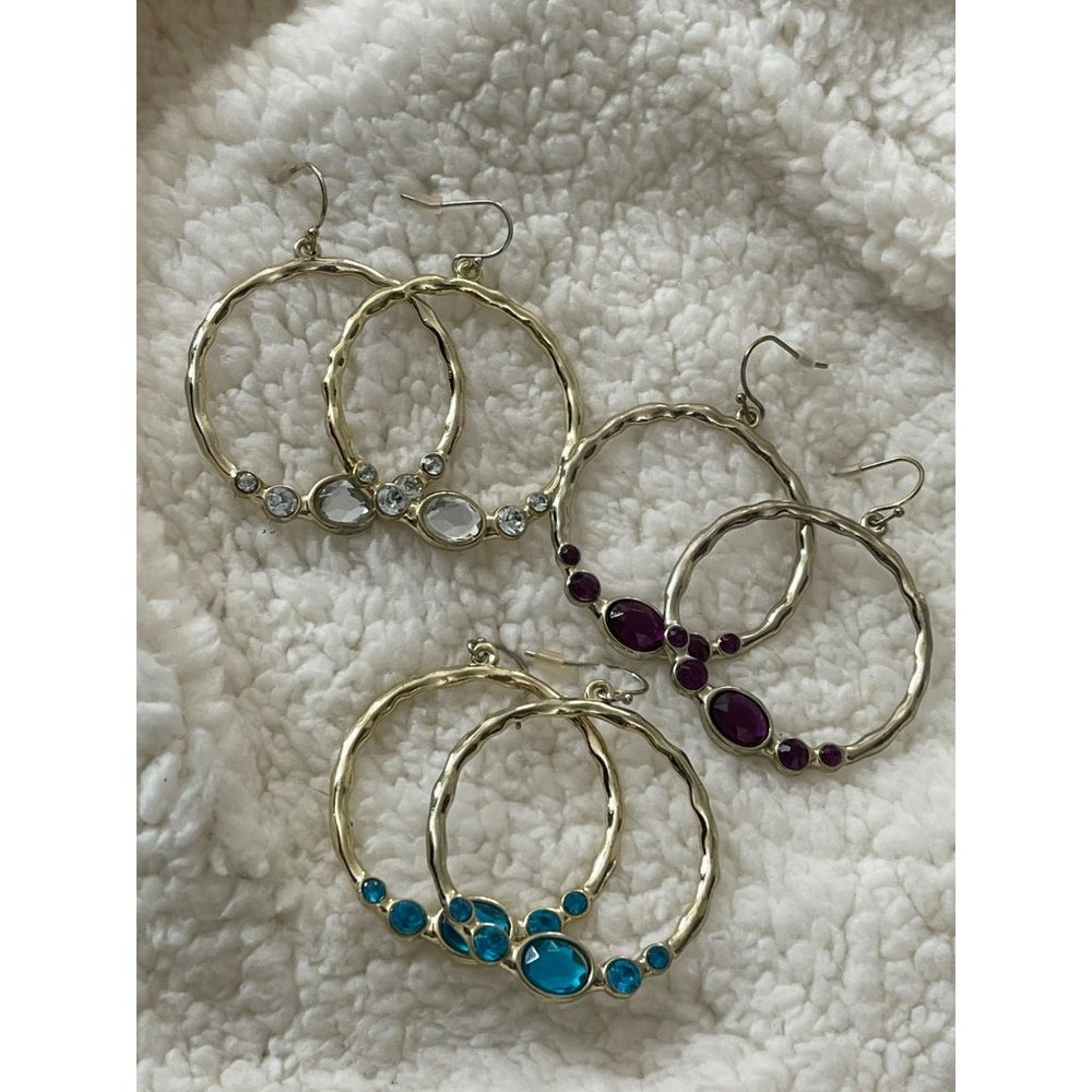 Vintage Gold Tone Faux Gemstone Hoop Dangle Earrings - 3 Pairs